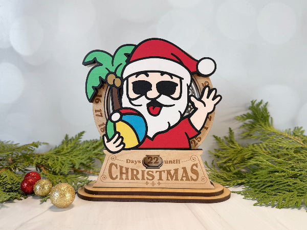 Beach-themed Santa wooden Christmas countdown sign with palm tree design.