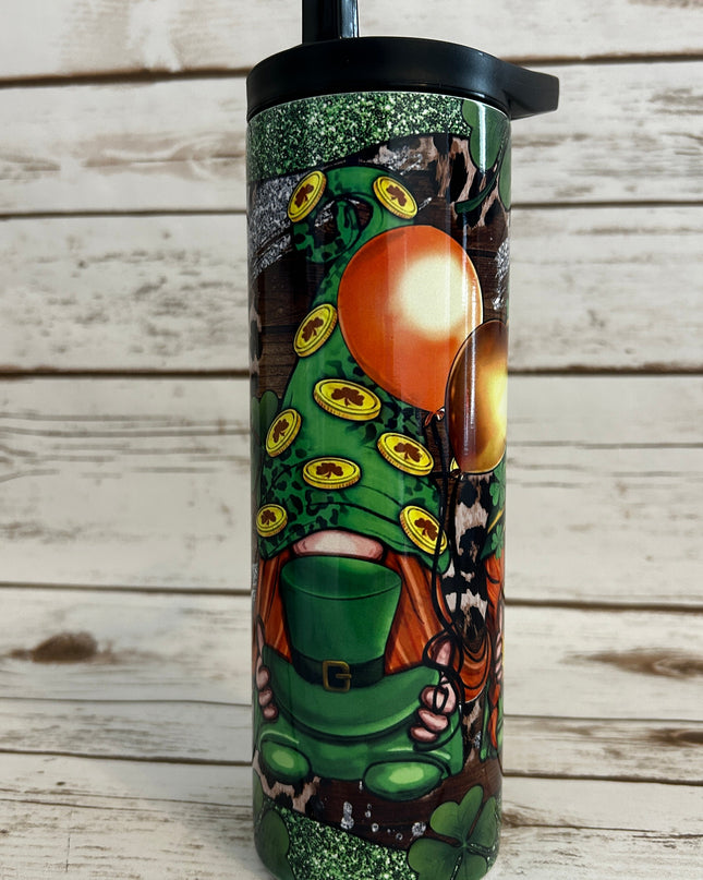 20 oz Skinny Duo Fantasy 3 Gnomes Green n Silver shown with black flip lid