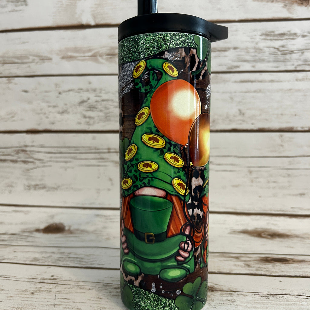 20 oz Skinny Duo Fantasy 3 Gnomes Green n Silver shown with black flip lid