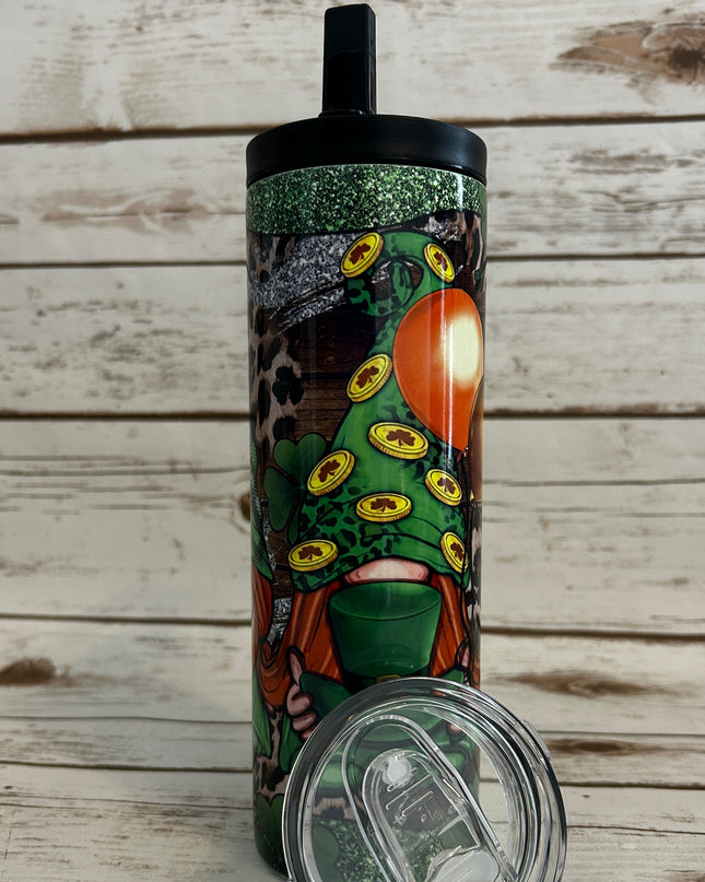 20 oz Skinny Duo Fantasy 3 Gnomes Green n Silver shown with both lids shown