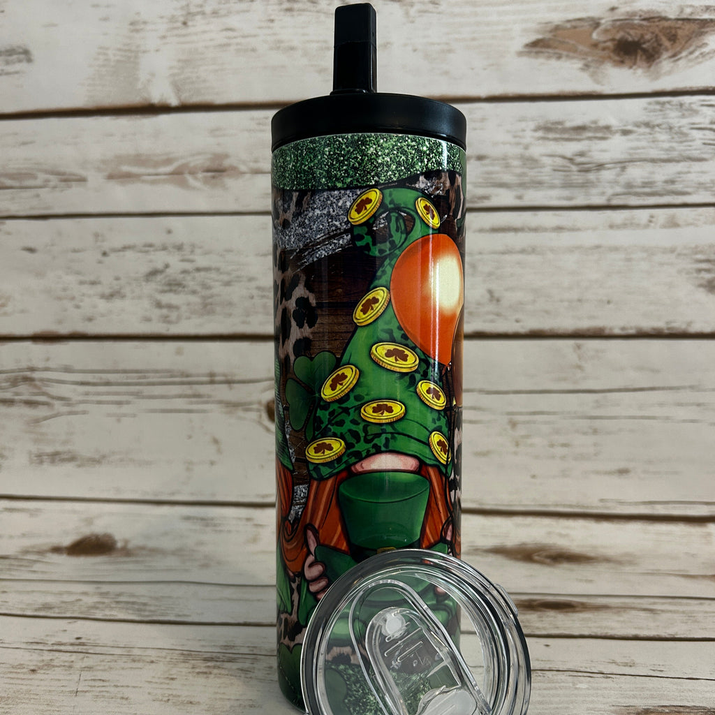 20 oz Skinny Duo Fantasy 3 Gnomes Green n Silver shown with both lids shown