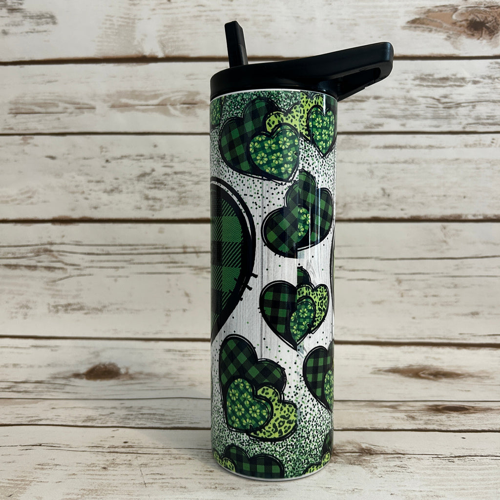 20 oz Skinny Gorgeous Green Hearts shown with bladk flip lid