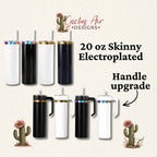 Collection of 20 oz Skinny Electroplated tumblers with handle upgrade by Cactus Air Designs on a light beige background.