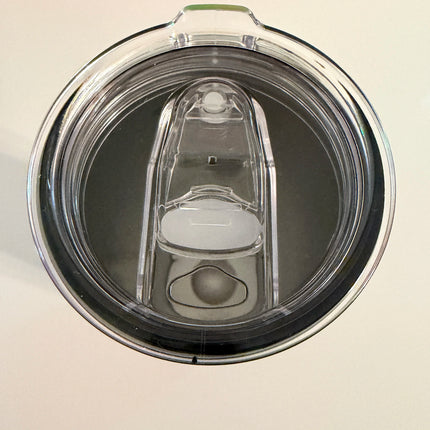 Top view of clear sliding lid on 20 oz Skinny screw-on tumbler lid with slider on top - Cactus Air Designs
