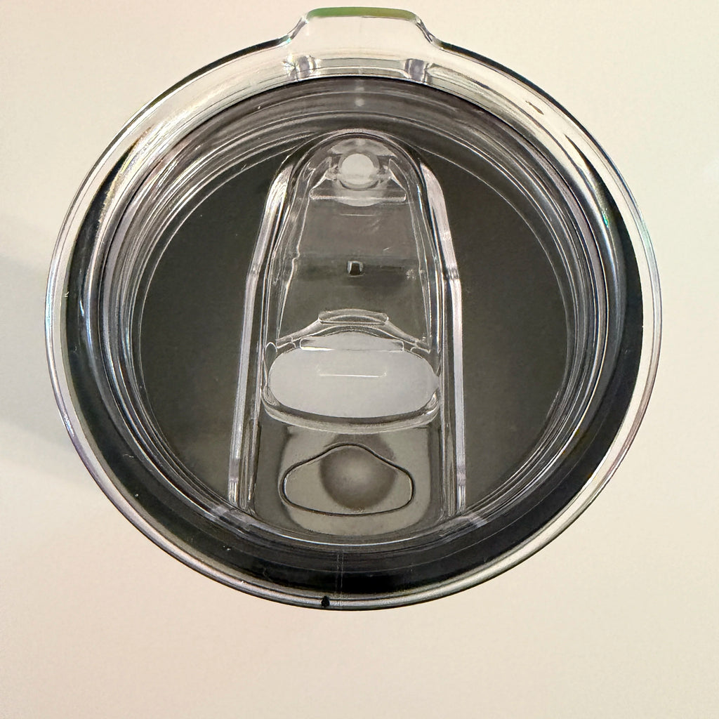 Top view of clear sliding lid on 20 oz Skinny screw-on tumbler lid with slider on top, Cactus Air Designs