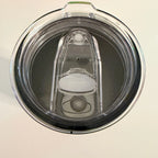 Top view of clear sliding lid on 20 oz Skinny screw-on tumbler lid with slider on top - Cactus Air Designs