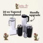 Collection of 20 oz Tapered Electroplated tumblers with handle upgrade by Cactus Air Designs on a light beige background.