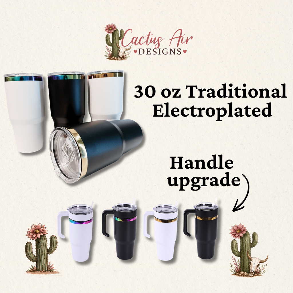 Set of tumblers with a handle upgrade, featuring 'Cactus Air Designs' branding.