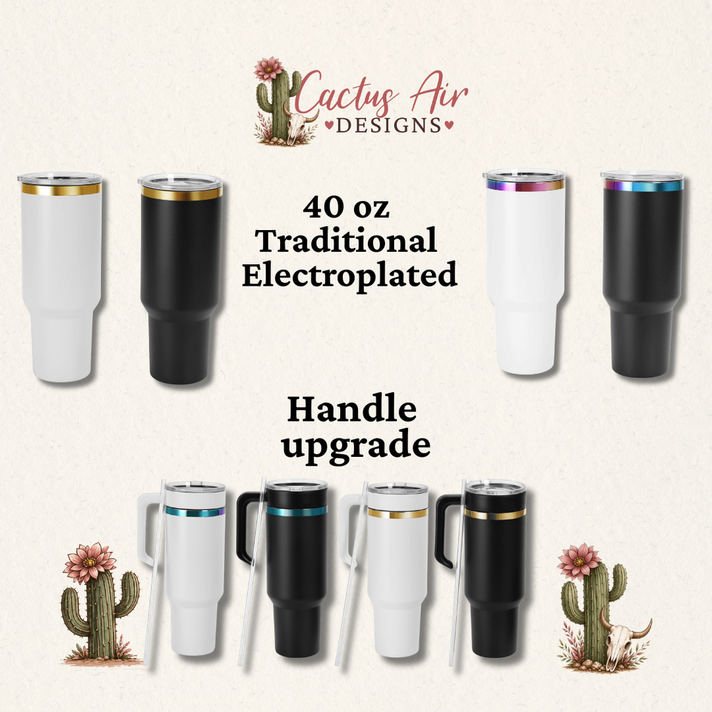 Collection of tumblers with handle upgrade on a light beige background, featuring 'Cactus Air Designs' logo.