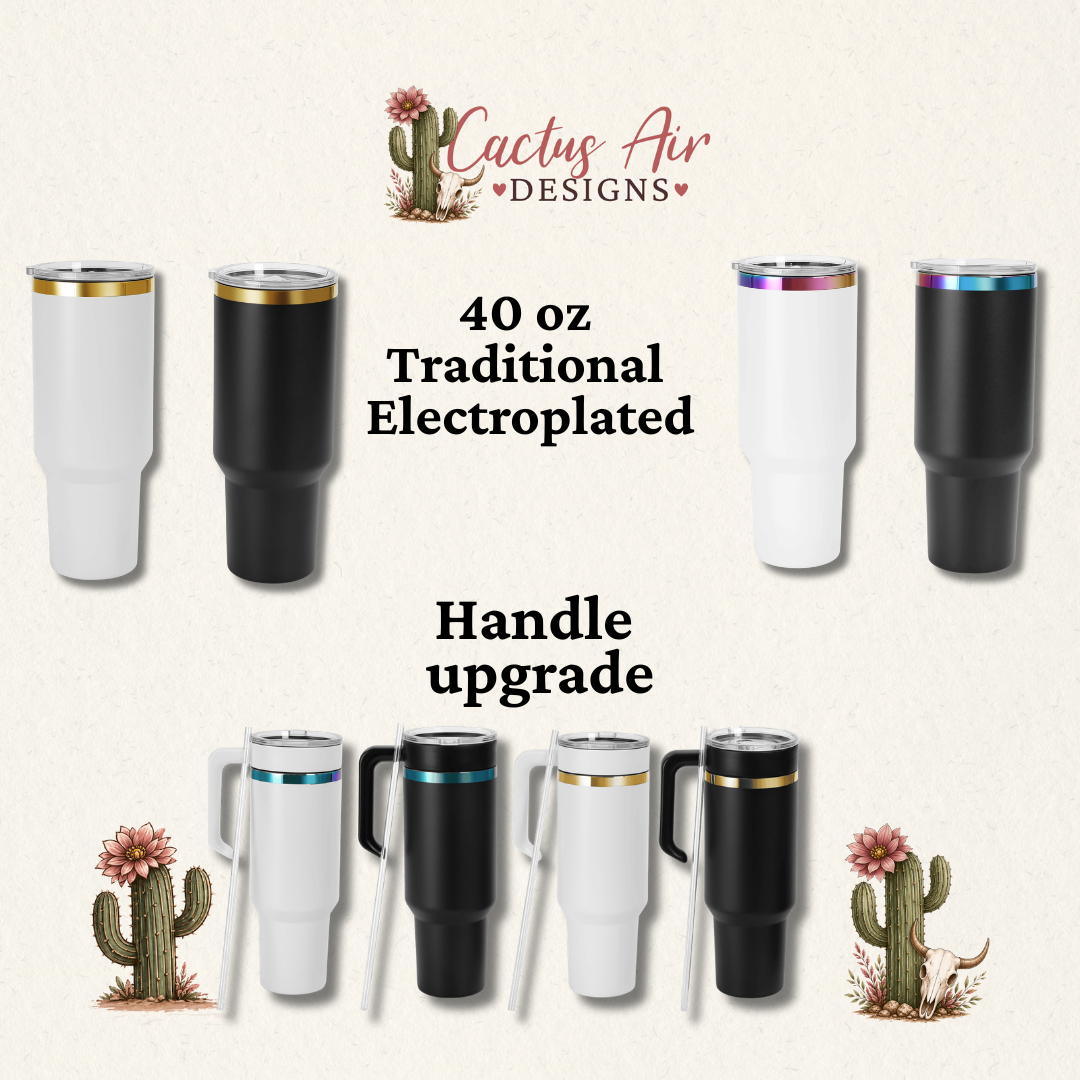 Collection of tumblers with handle upgrade on a light beige background, featuring 'Cactus Air Designs' logo.