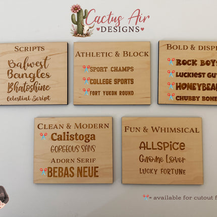 Cactus Air Designs laser engraved wood font samples showing 18 available font styles for personalized products