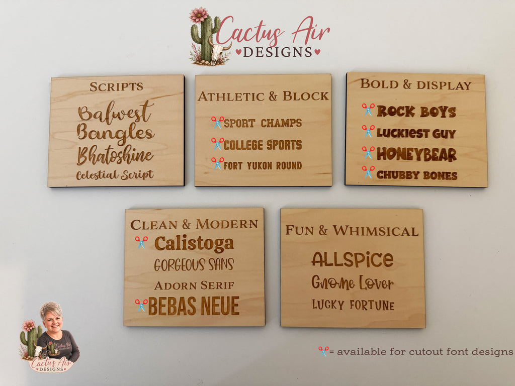 Cactus Air Designs laser engraved wood font samples showing 18 available font styles for personalized products