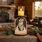 Laser-cut bear woodland candle holder displayed on rustic wood mantel with LED candle glowing, cozy cabin decor by Cactus Air Designs
