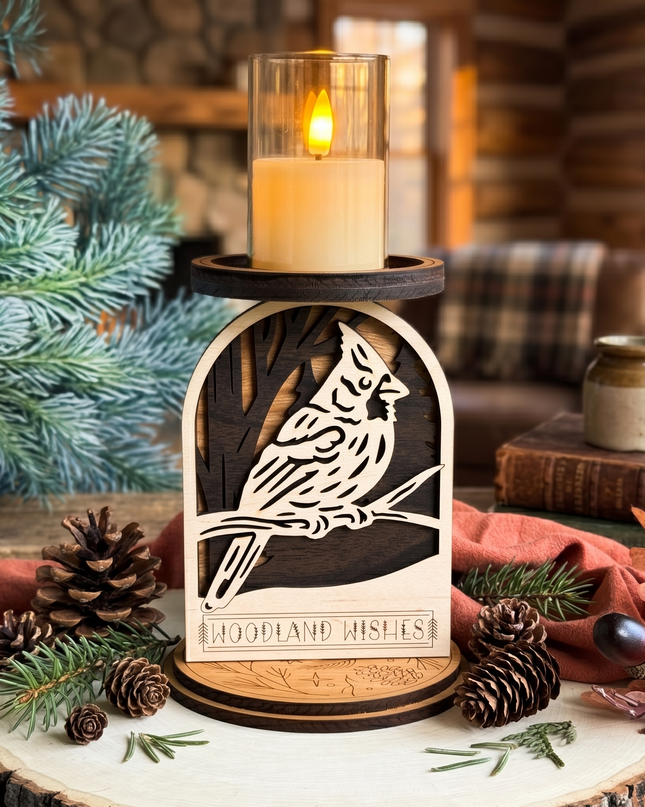 Wooden candle holder with cardinal design on a rustic setting with a LED candle on the candle holder and pinecones by Cactus Air Designs. 