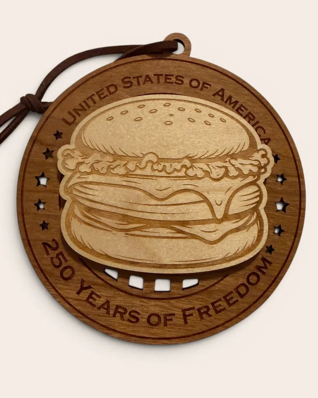 USA 250th Anniversary Cheeseburger laser cut wood ornament Premium Cherry plywood back Premium Maple plywood front handmade in Arizona