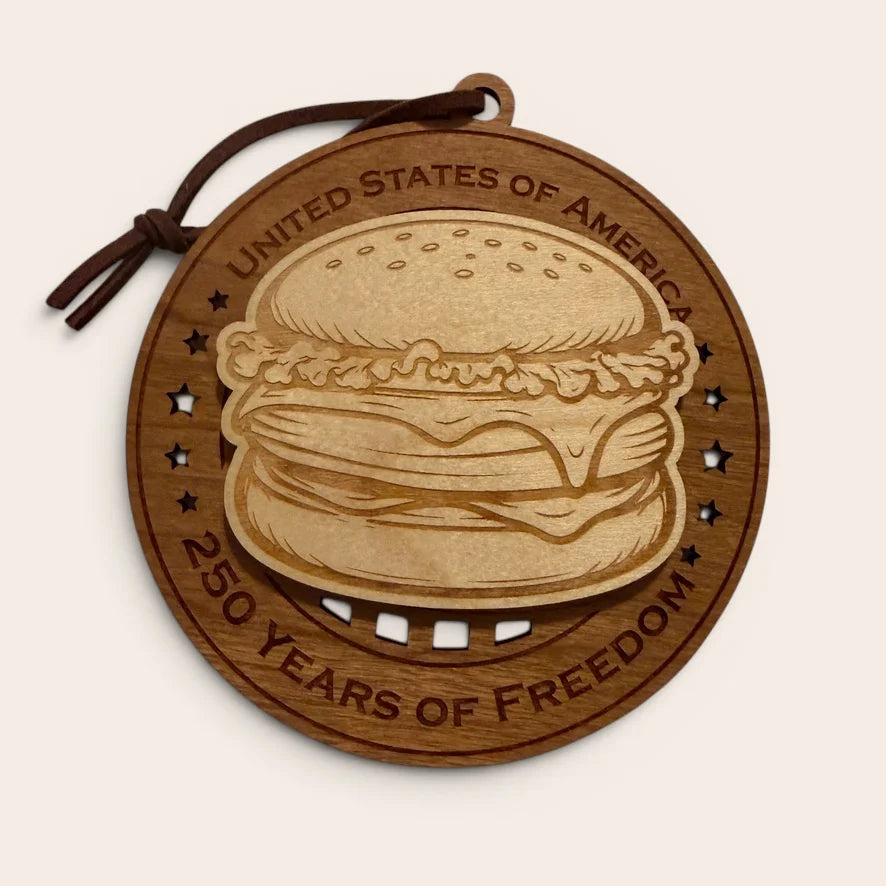 USA 250th Anniversary Cheeseburger laser cut wood ornament Premium Cherry plywood back Premium Maple plywood front handmade in Arizona