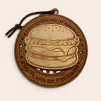 USA 250th Anniversary Cheeseburger laser cut wood ornament Premium Cherry plywood back Premium Maple plywood front handmade in Arizona