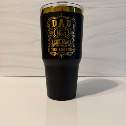 Black and gold electroplated 30 oz tumbler with Dad: The Man, The Myth, The Legend laser-engraved design by Cactus Air Designs