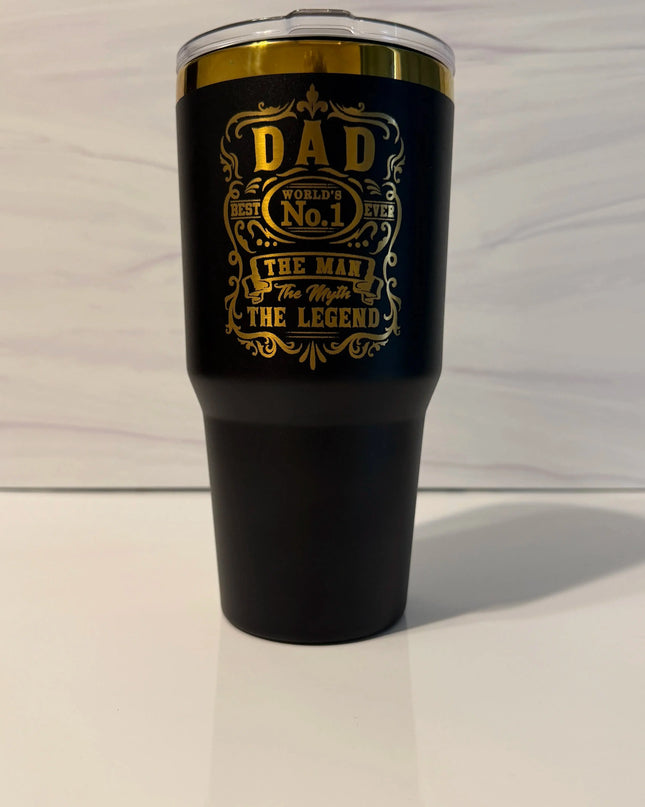 Black and gold electroplated 30 oz tumbler with Dad: The Man, The Myth, The Legend laser-engraved design by Cactus Air Designs
