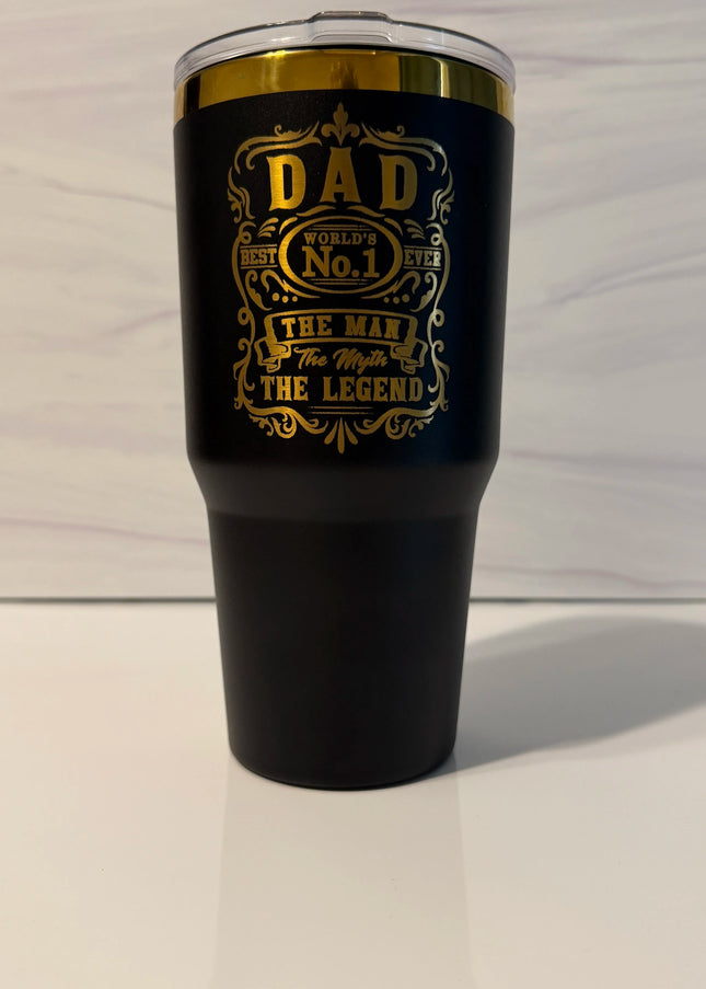 Black and gold electroplated 30 oz tumbler with Dad: The Man, The Myth, The Legend laser-engraved design by Cactus Air Designs