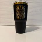 Black and gold electroplated 30 oz tumbler with Dad: The Man, The Myth, The Legend laser-engraved design by Cactus Air Designs