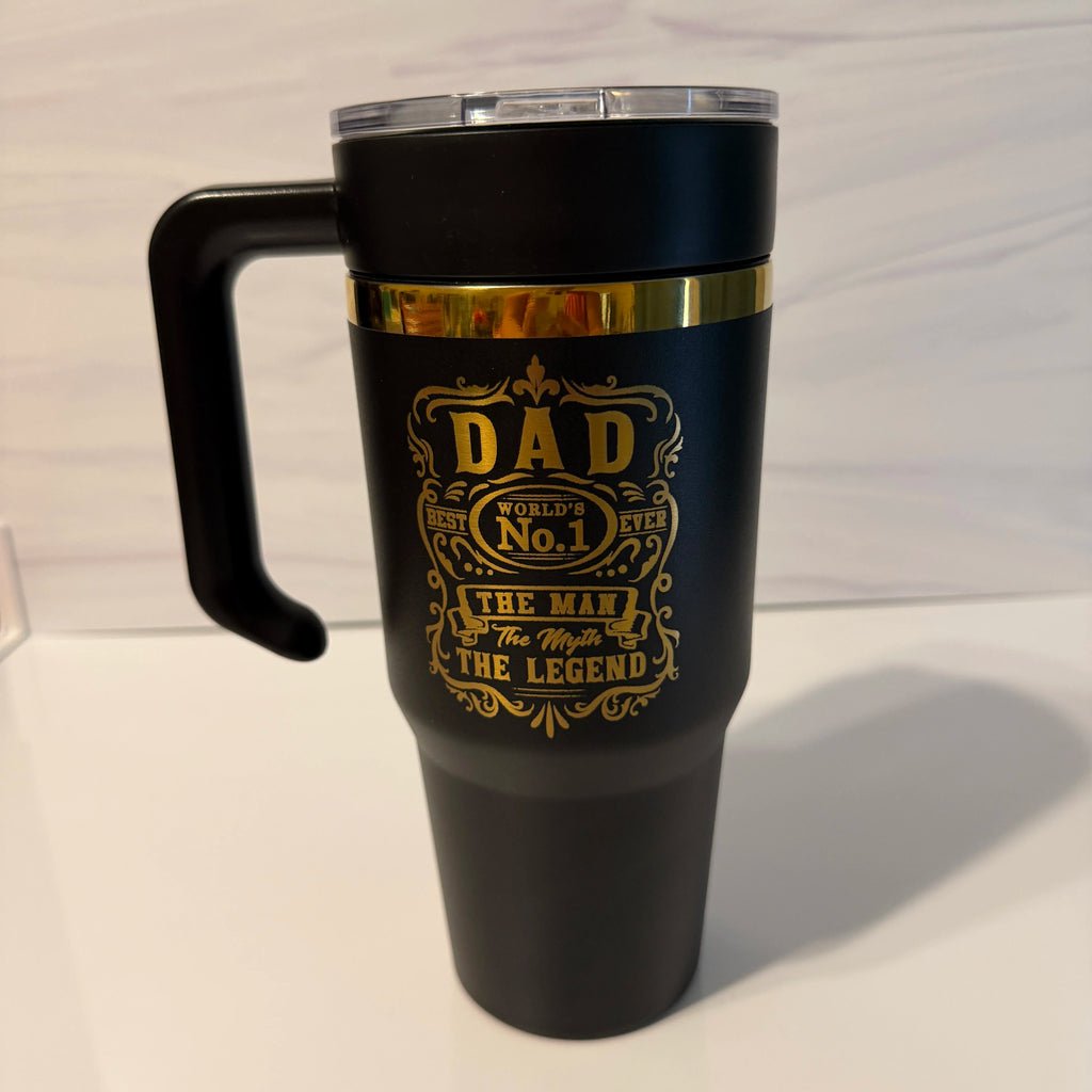 Full shot of black and gold electroplated 30oz tumbler with handle lid featuring the Dad: The Man, The Myth, The Legend design, made in Arizona