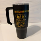 Full shot of black and gold electroplated 30oz tumbler with handle lid featuring the Dad: The Man, The Myth, The Legend design, made in Arizona