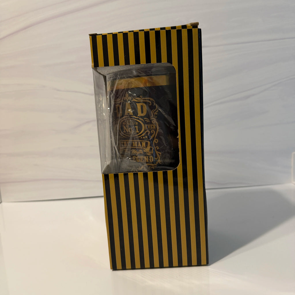 Dad: The Man, The Myth, The Legend electroplated tumbler in a black and gold striped gift box with window, made in Arizona