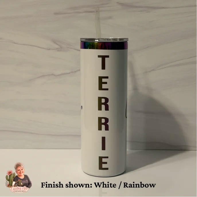 White rainbow electroplated 20 oz skinny tumbler showing rainbow metallic reveal on white outer finish — Cactus Air Designs
