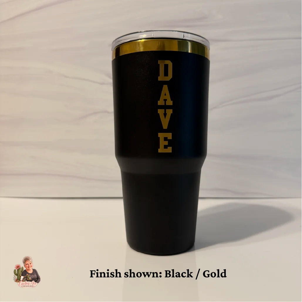 Black gold electroplated 30 oz tumbler showing gold metallic reveal on black outer finish — Cactus Air Designs