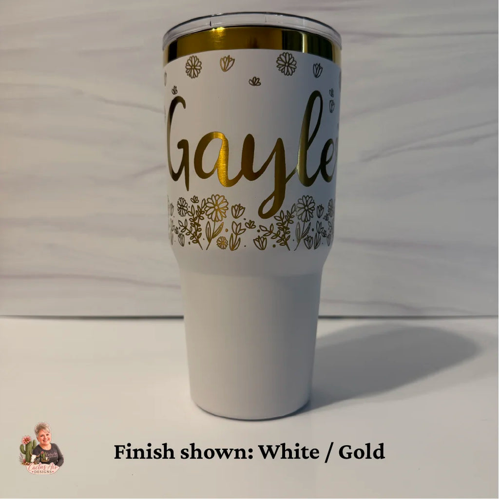 White gold electroplated 30 oz tumbler showing gold metallic reveal on white outer finish — Cactus Air Designs