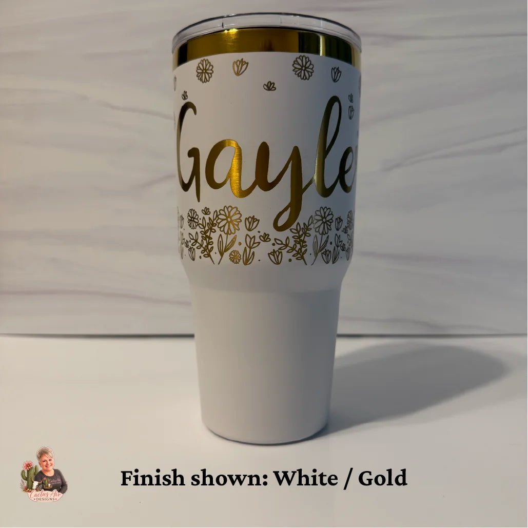 White gold electroplated 30 oz tumbler showing gold metallic reveal on white outer finish — Cactus Air Designs