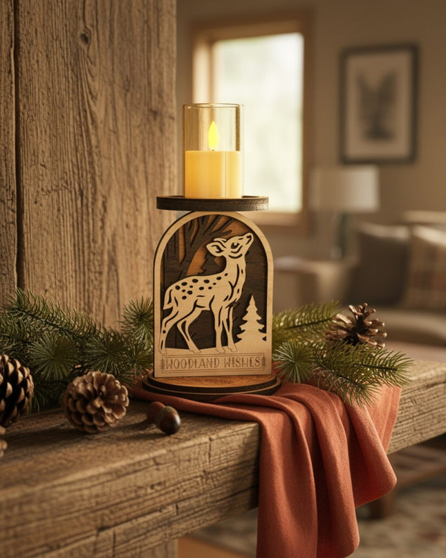 Decorative candle holder with a deer design on a wooden surface in a cozy room by Cactus Air Designs