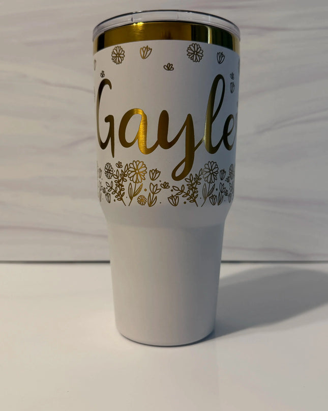 Personalized 30 oz white and gold electroplated tumbler with laser-engraved floral meadow design and name on front, made in Arizona by Cactus Air Designs