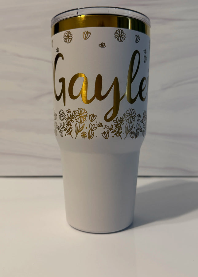 Personalized 30 oz white and gold electroplated tumbler with laser-engraved floral meadow design and name on front, made in Arizona by Cactus Air Designs