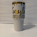 Personalized 30 oz white and gold electroplated tumbler with laser-engraved floral meadow design and name on front, made in Arizona by Cactus Air Designs