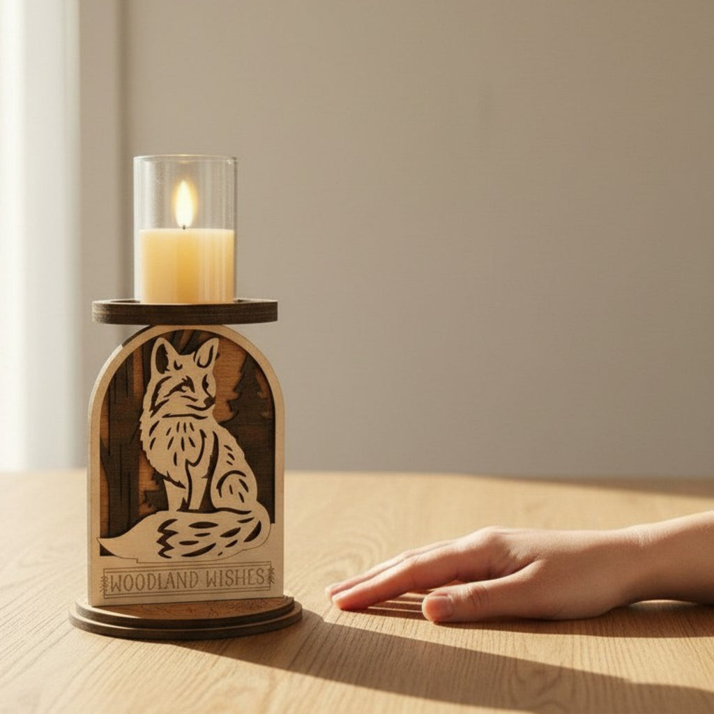 Wooden candle holder with fox design and lit candle on a wooden surface.