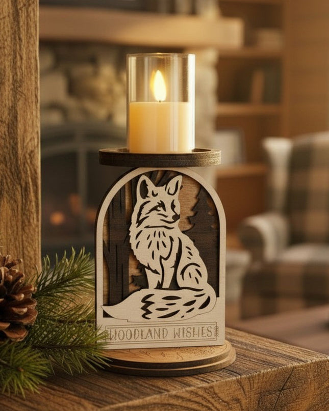 Laser-cut fox woodland candle holder displayed on rustic wood mantel with LED candle glowing, cozy cabin decor by Cactus Air Designs
