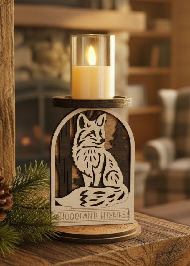 Laser-cut fox woodland candle holder displayed on rustic wood mantel with LED candle glowing, cozy cabin decor by Cactus Air Designs
