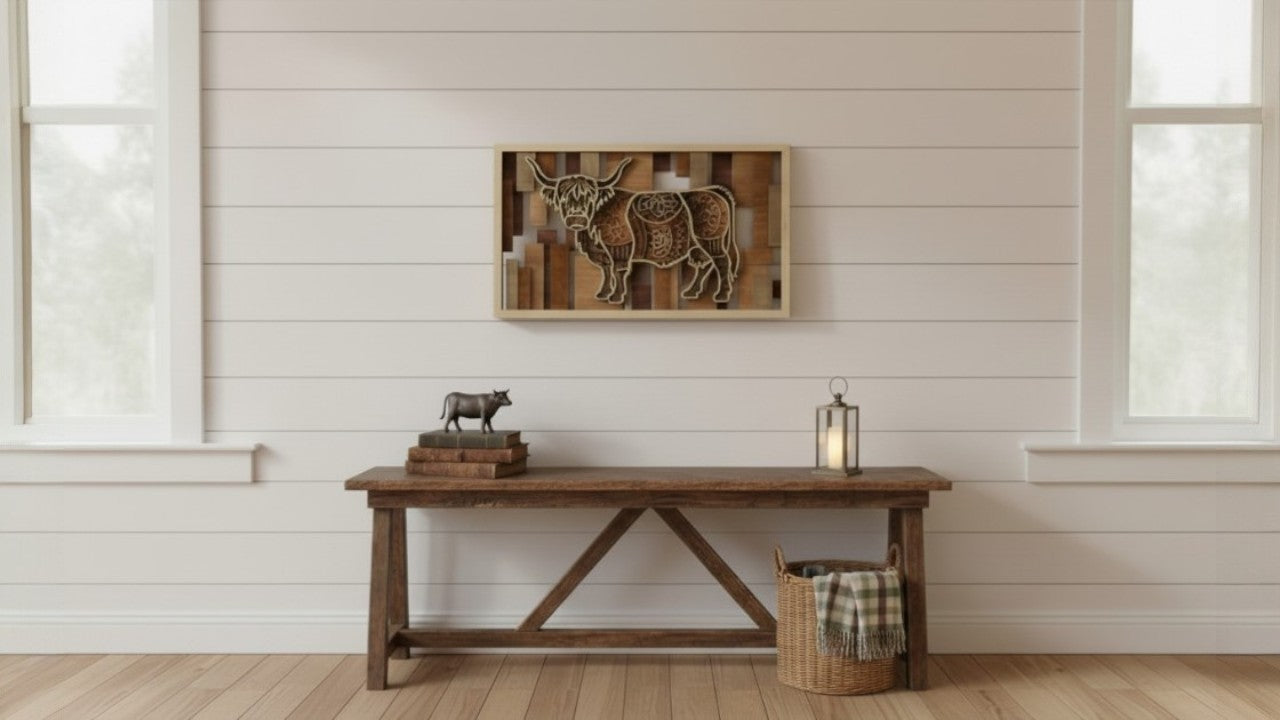 Wooden bench in a room with a framed picture of two animals on the wall.