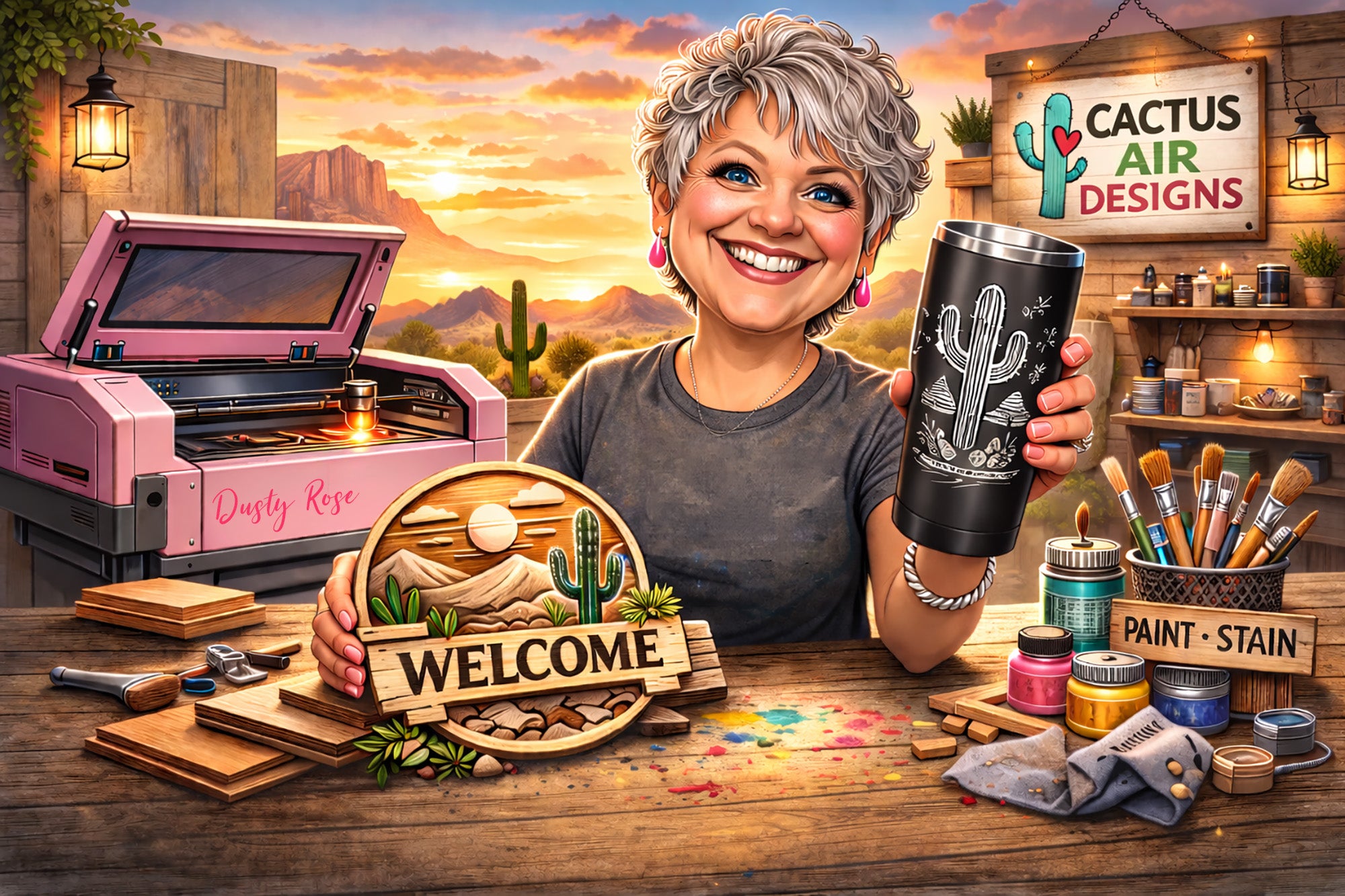 Woman holding a branded tumbler in a workshop with tools and materials.