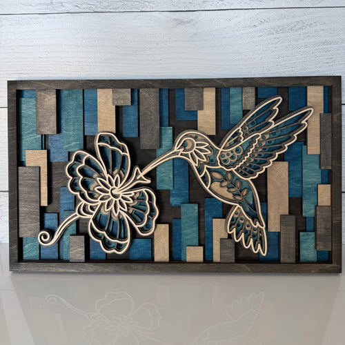 Premium gallery grade layered wood hummingbird wall art with enhanced depth and dimension