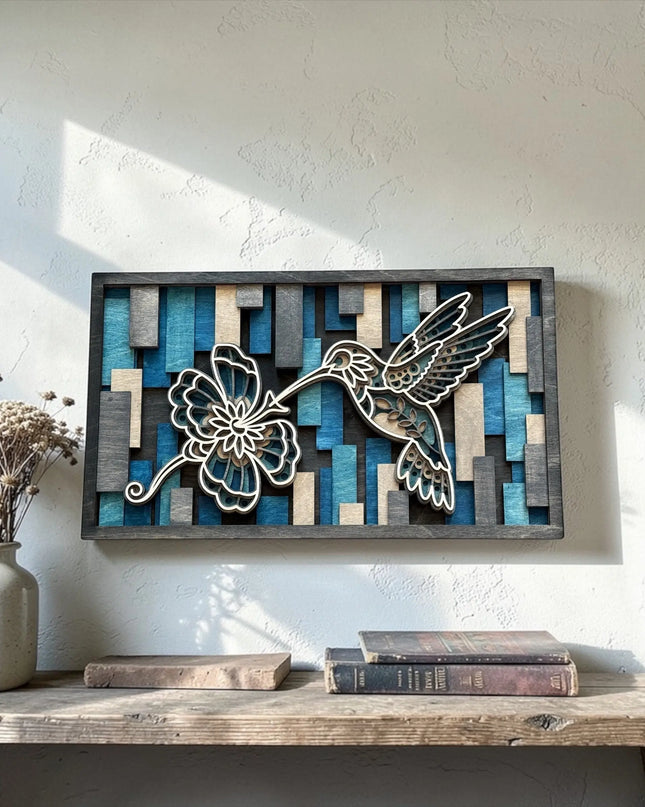 Cactus Air Designs layered wood wall art featuring a hummingbird with a blue geometric floral design.