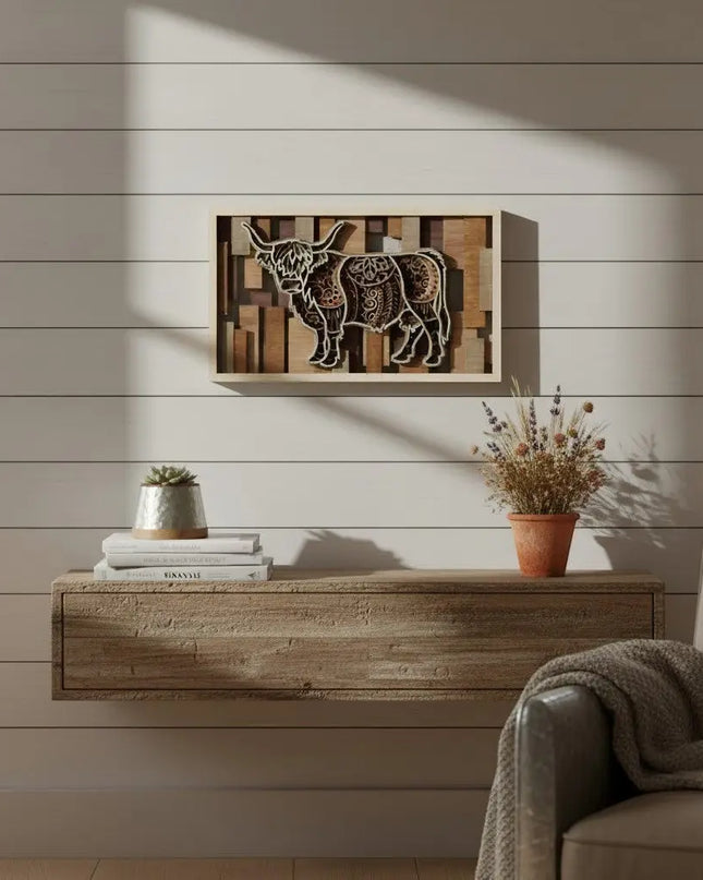 Cactus Air Designs 3D layered wood wall art featuring a Highland cow with intricate details, set against a rustic wood background. Perfect farmhouse decor.