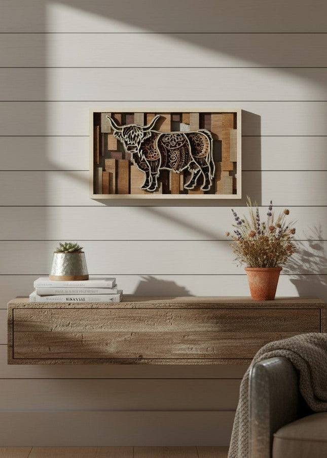 Cactus Air Designs 3D layered wood wall art featuring a Highland cow with intricate details, set against a rustic wood background. Perfect farmhouse decor.