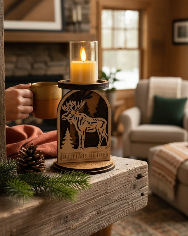 Decorative candle holder with moose design on a wooden surface in a cozy living room by Cactus Air Designs.