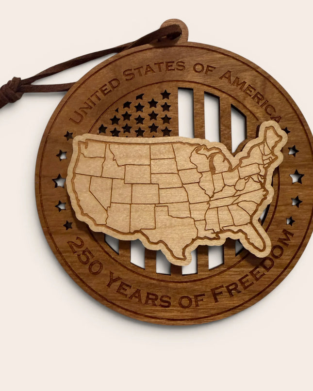 USA 250th Anniversary USA Map laser cut wood ornament Premium Cherry plywood back Premium Maple plywood front handmade in Arizona