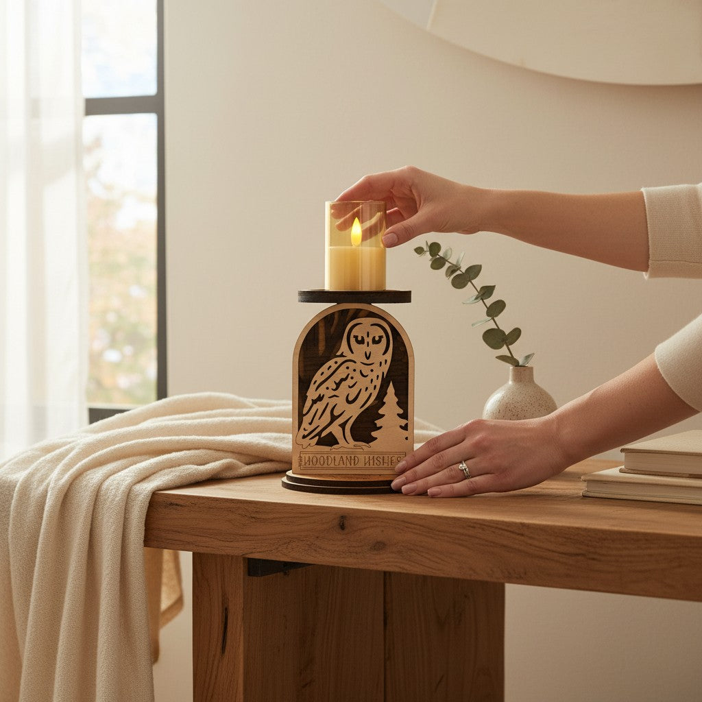 Person placing a LED candle on a wooden holder with an owl design on a table by Cactus Air Designs.