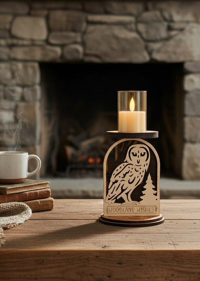 Candle holder with owl design in front of a stone fireplace by Cactus Air Desgins