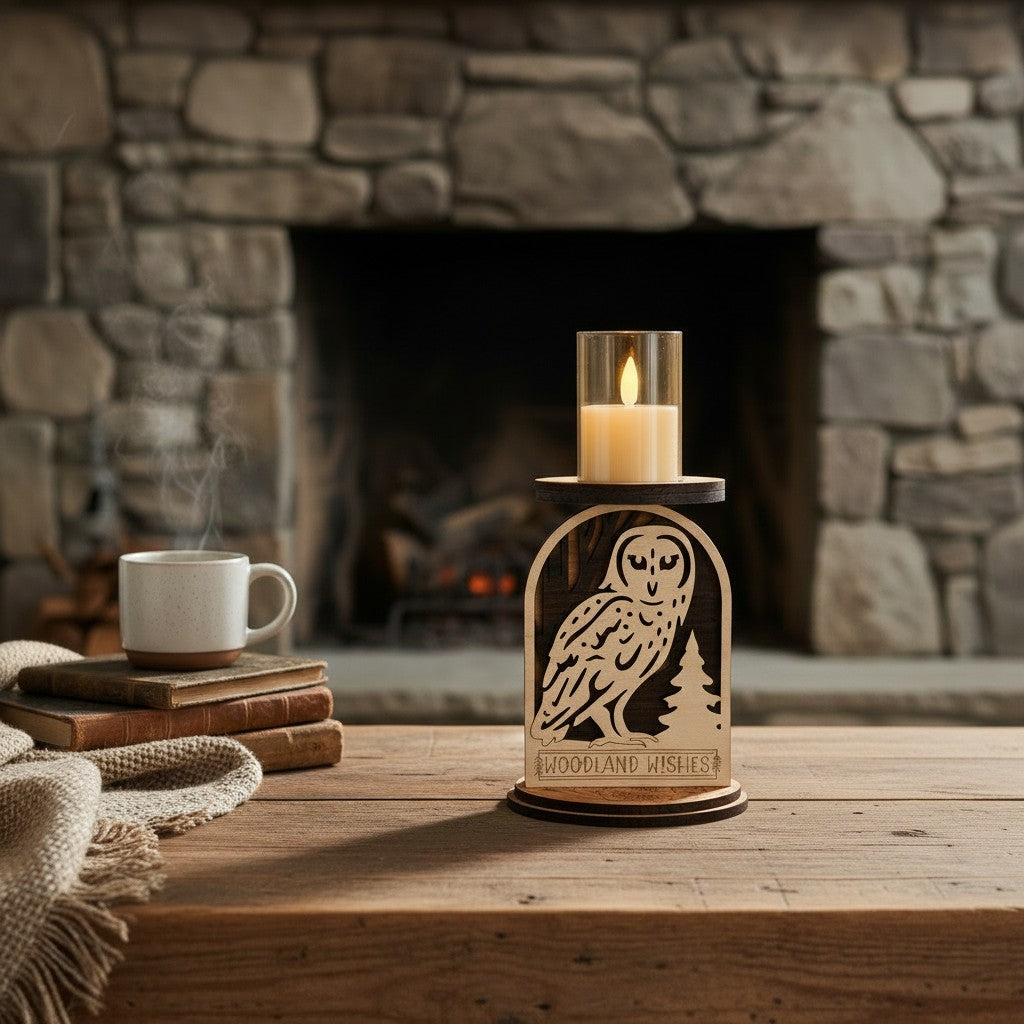 Candle holder with owl design in front of a stone fireplace by Cactus Air Desgins